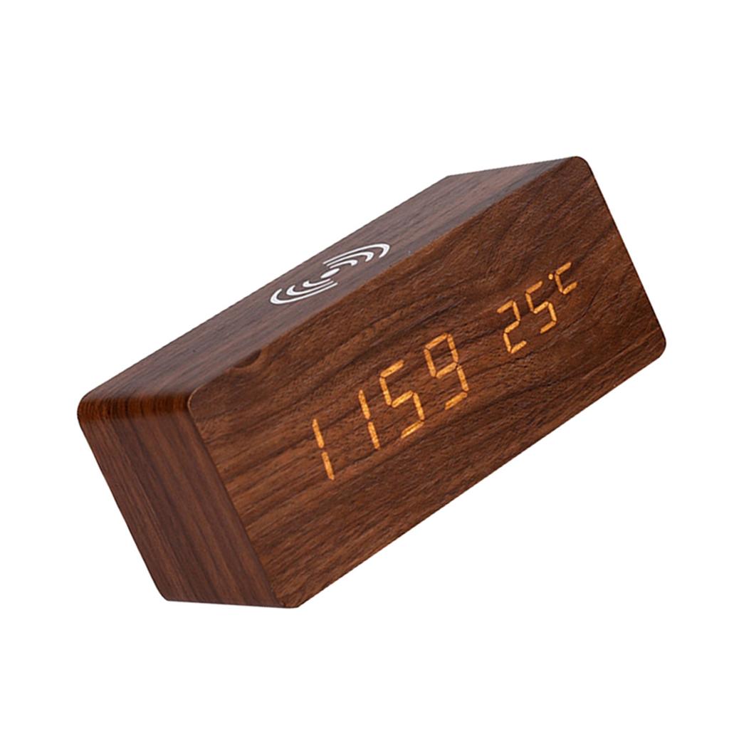 Digital Wooden Alarm Clock Electronic LED Time Display for Bedroom 10W Wireless Charging 3 Alarm Settings Date&Temp