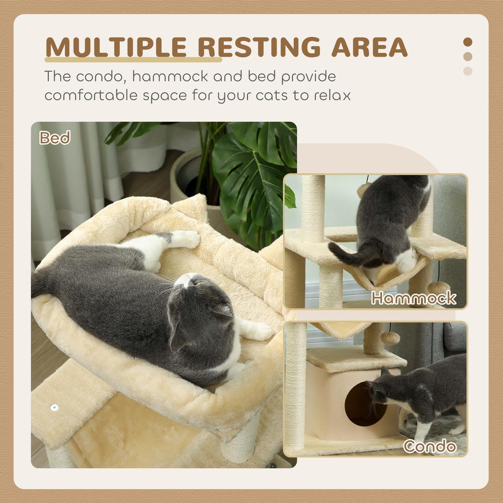Cat Tree 90cm Cat Tower With Sisal Scratching Posts Cat Condo Hammock Top Perch And 2 Hanging Toys For Cats Beige