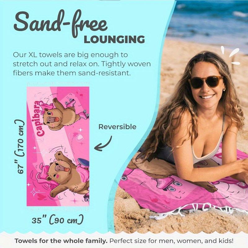 1Pc 1Pc Pink Roller Skate Capybara Beach Towel Cute Cartoon Quick Dry Bath Towel For Swimming At The Beach Absorbent Large Towe