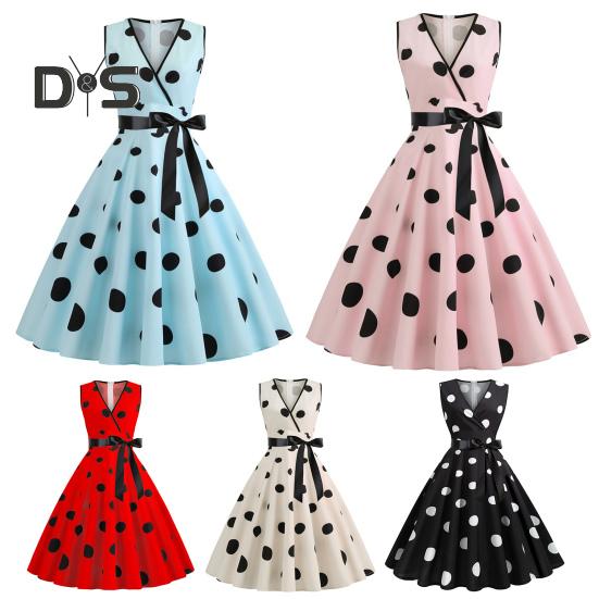Sukienka wieczorowa dla kobiet w stylu vintage, kontrastowe kropki, nadruk w kropki, kokarda w talii, linia A, duży rozkloszowany, wąska talia, bez rękawów, odkryte plecy, dekolt w serek, sukienka midi w stylu księżniczki