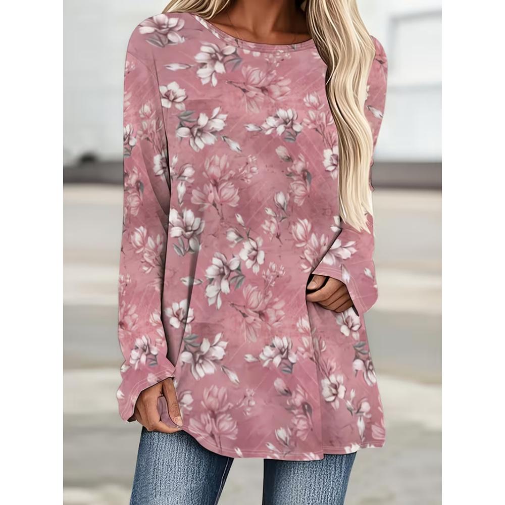 Women Crew Neck Long Sleeve Tunic Top White Gradient Green Clover Print Loose Casual Blouse