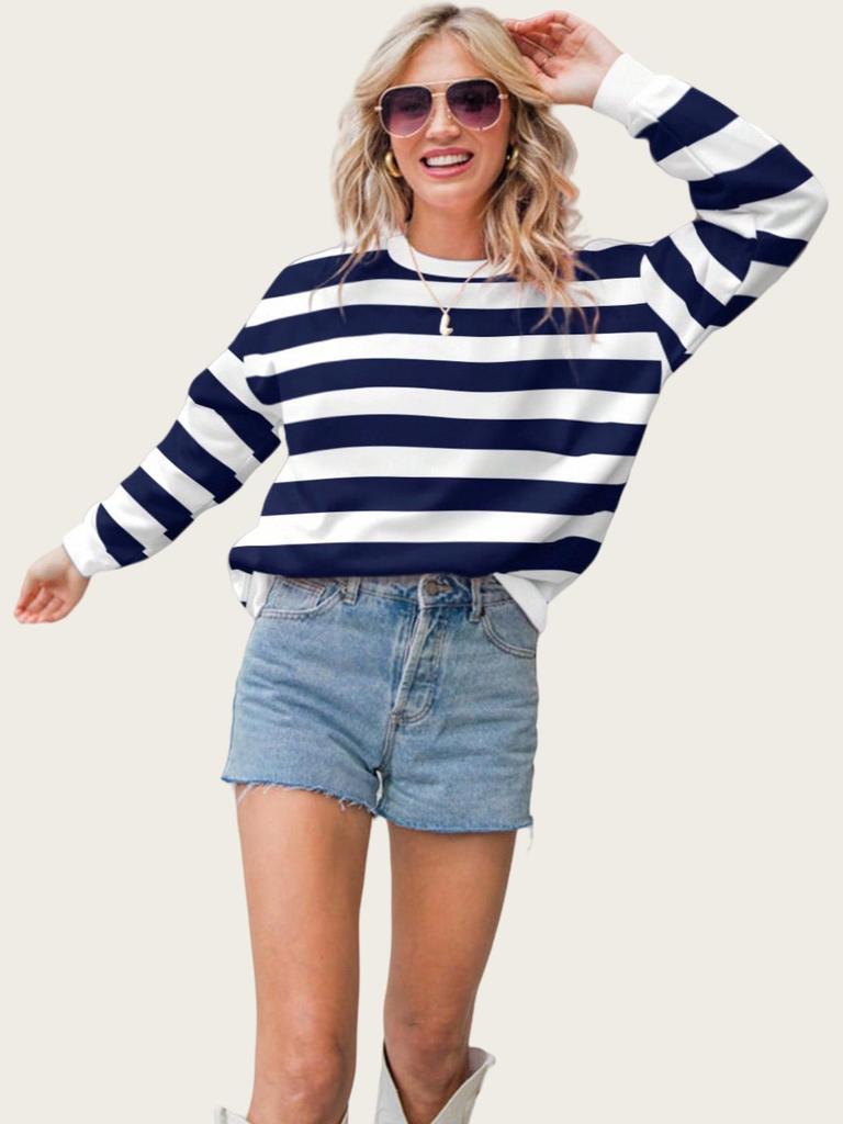 Women's Plus Size Color Block Striped Crew Neck Pullover - Autumn 2025 Collection