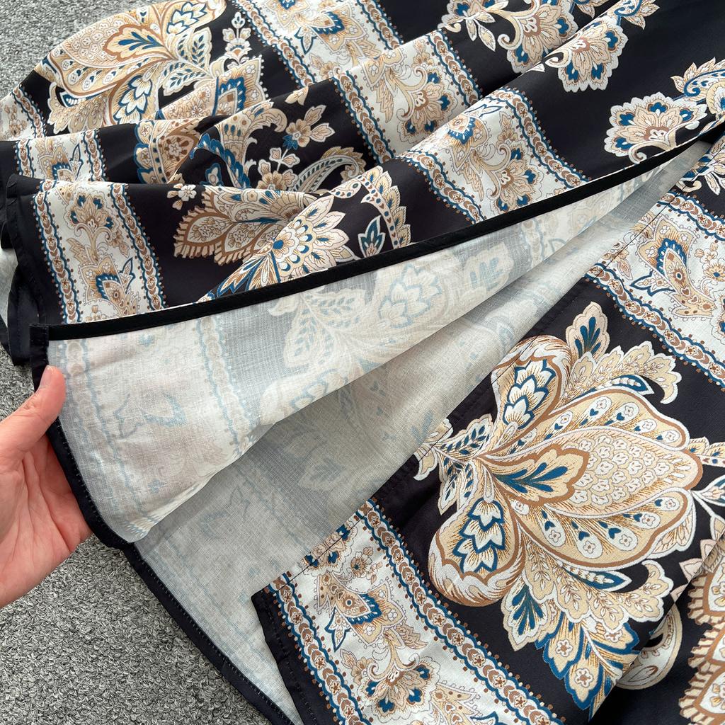 Frühling Herbst Frauen Große Größe Vintage Print Einreiher Lange Maxi Urlaub Party Kleider mit Gürtel