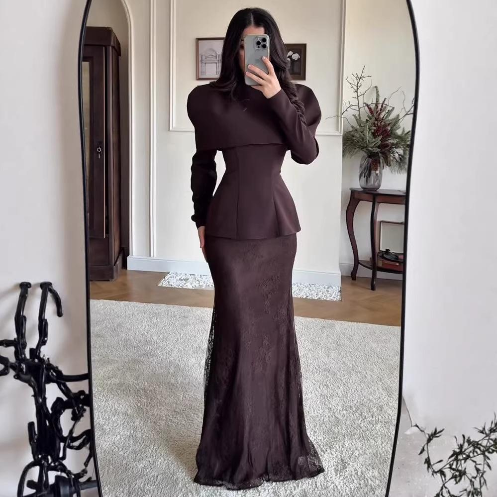 Cross-border European and American women's clothing Amazon slim-fit round neck long-sleeved waist commuting temperament straight skirt set