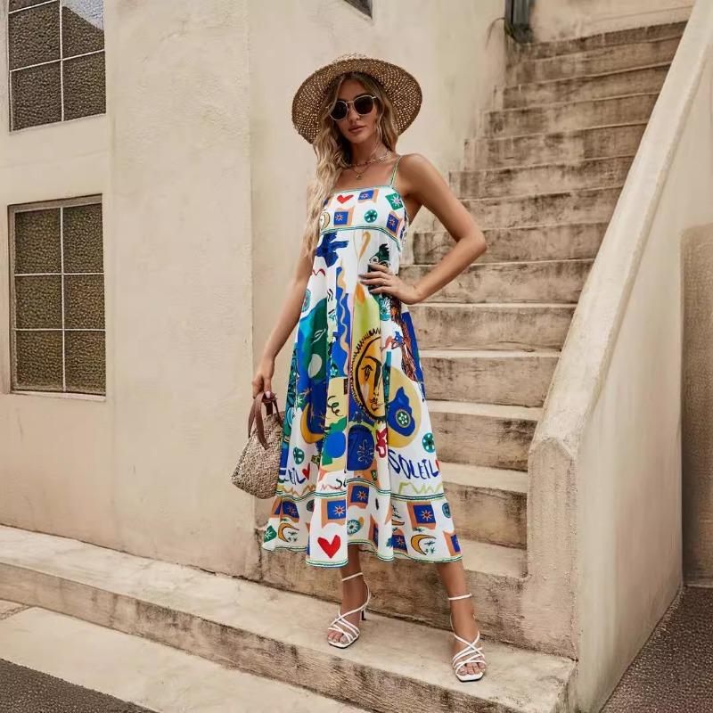 Sexy Women's Halter Graffiti Print Sleeveless Swing Dress