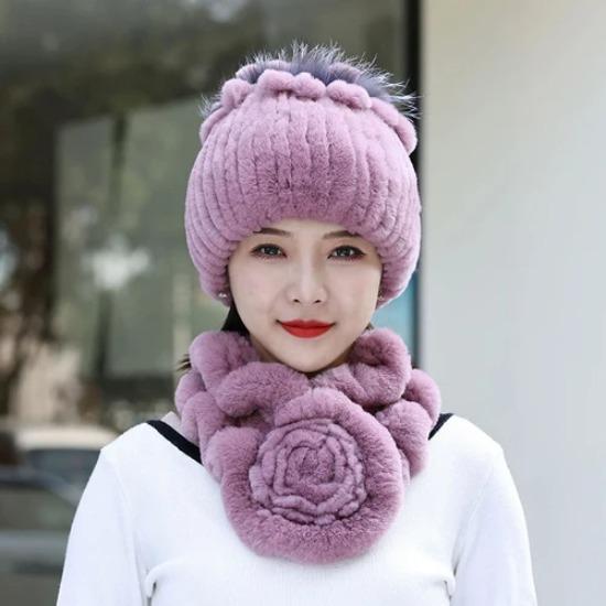 Neue Mode Frauen Winter Echte Rex Kaninchen Pelzmütze Schal Natürliche Weiche Rex Kaninchen Pelz Kappe Schals Sets Für Dame Im Freien warm halten
