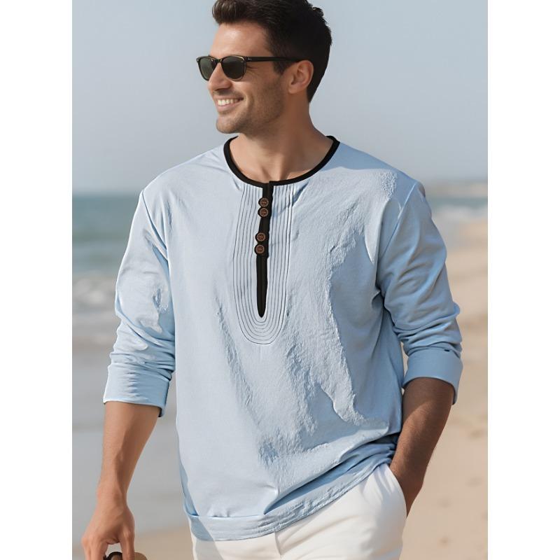 Men's Casual Henley Neck Long Sleeve Tunic Top with Pleated Detail