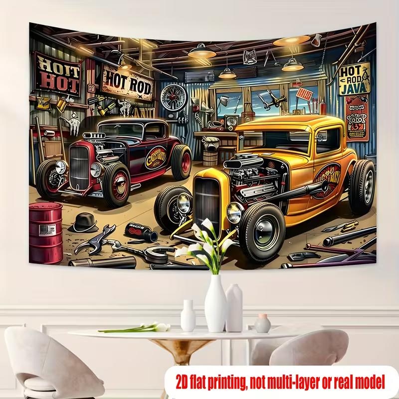 American Retro Hot Rod Garage Tapestry Vintage Car Art Wall Decor