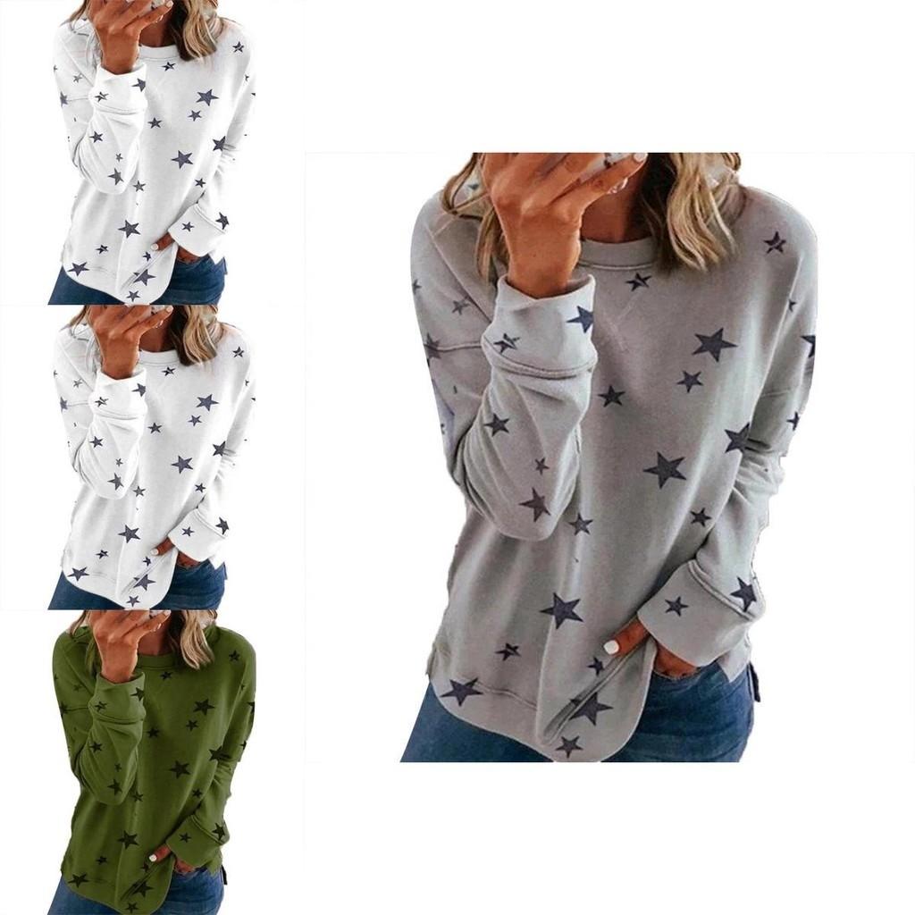 Women Casual Tunic Crew Neck Long Sleeve Star Print Tee Top Blouse For Daily Comfort And Style