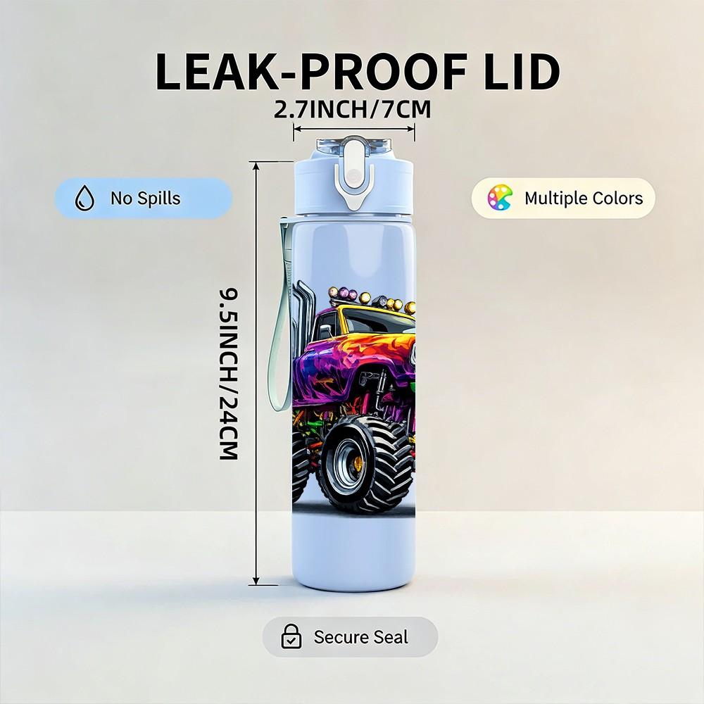 1PC Purple Fire Monster Truck Print 750ml Color Plastic Sports Water Bottle Leakproof Flip Straw Lid Suitable for Sports Office Home Use