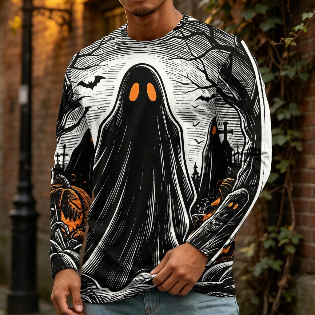 Men's Halloween Print Crewneck Long Sleeve T-Shirt for Casual Wear
