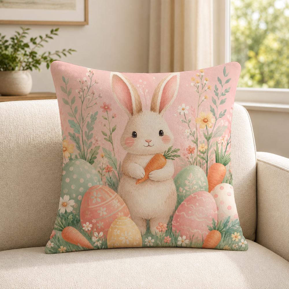 Art Spring Bunnies and Easter Eggs Cushion Cover Soft Short Plush SkinFriendly Cushion Case for MultiScene Use