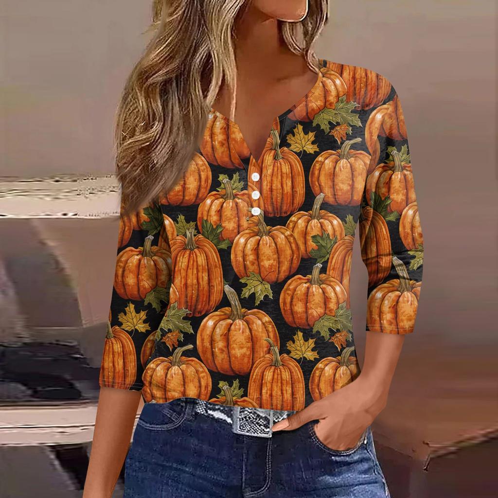 Women's Fashion Casual Halloween Printed V.Neck Short Sleeve Decorative Button Three.quarter Sleeve T-shirt Tor