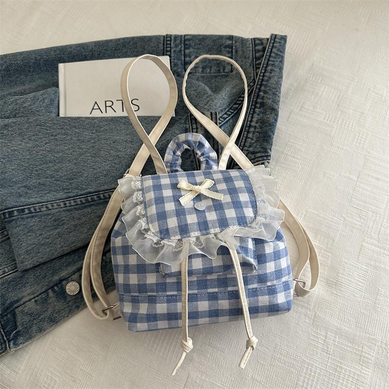 

Blue lace plaid backpack women s new sweet ruffle edge backpack college style commuter bag