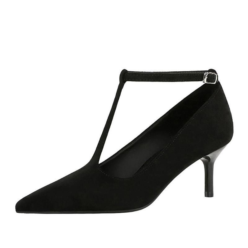 French Style Pointed Toe High Heels Thin Heels Shallow Mouth Suede One-Line Buckle Mid-Heel Pedicure Single Shoes For Women
