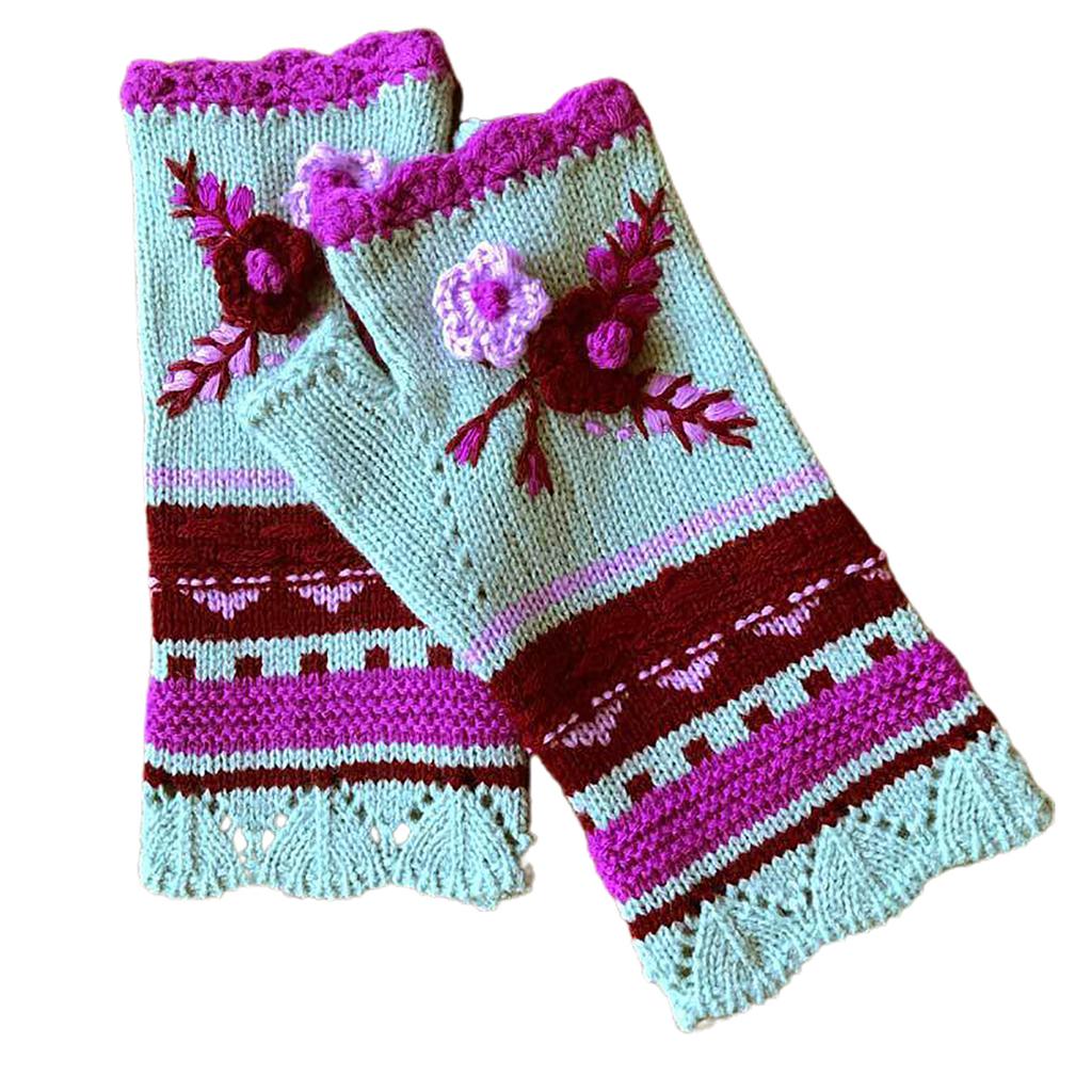 Stylish Half Finger Gloves for Women Knitted Winter Wrist Warmers with Floral Embroidery
