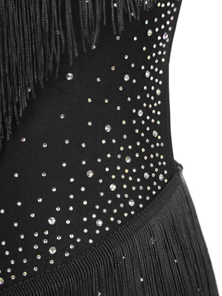 Womens Latin Dance Leotard Halter Neck Backless Design Rhinestone and Tassel Embellishments for Competitions and Shows