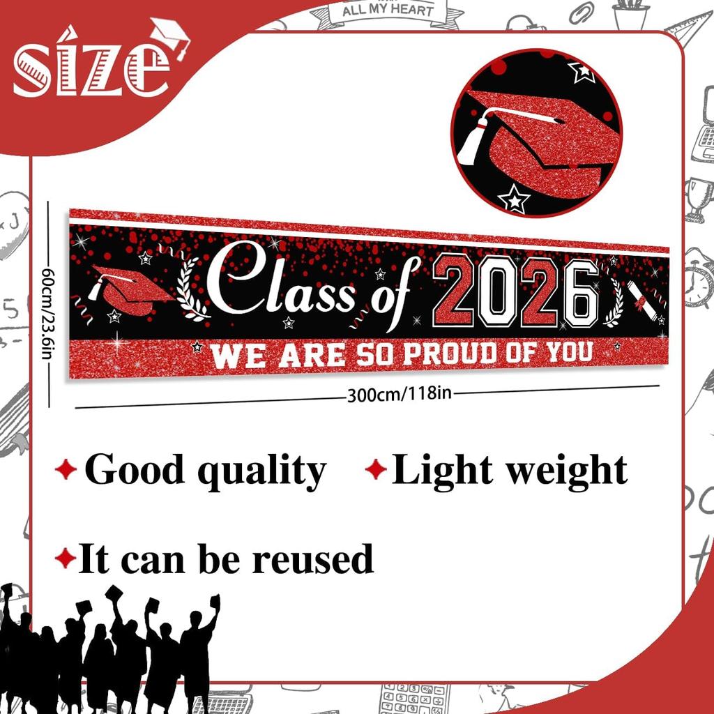 Black and Red Graduation Banner, Large Graduation Decorations Class of 2026 Congrats Grad Hanging Banner Yard Sign 118"x 24" for Indoor Outdoor 2026