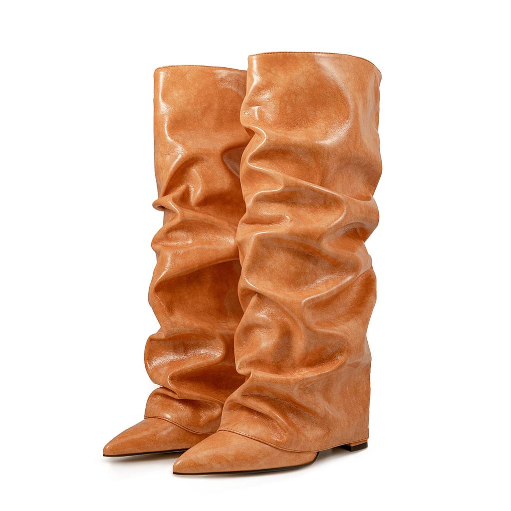 Krokodilmuster Damen High Boots Spitzschuh Leopardenmuster Keilschuhe Retro Schlupf-Muster Ärmel Kniehoch Plissee Stiefel