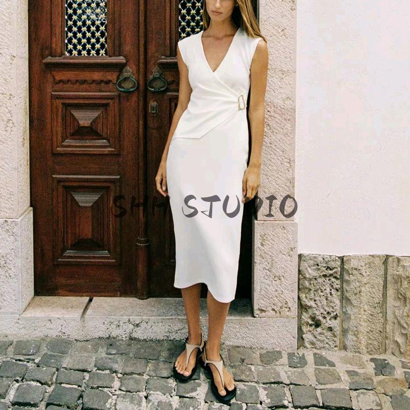Summer New Product Women's Clothes Ins Style Long Double Breasted Twill V Neck Sleeveless Dress 5067151 5067651
