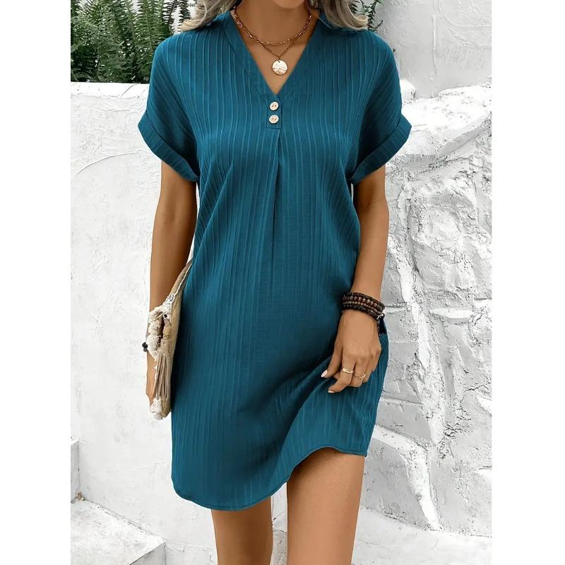 Abiti casual a vita alta con scollo a V a maniche corte con stampa tinta unita primavera estate moda donna