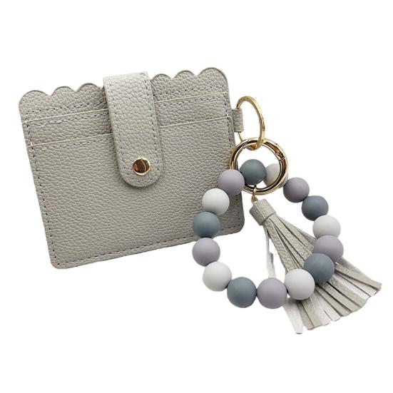 Silicone Bracelet Keychain Wallet Beaded Wristlet Credit Card Holder with Tassel Slim Card Wallet with ID