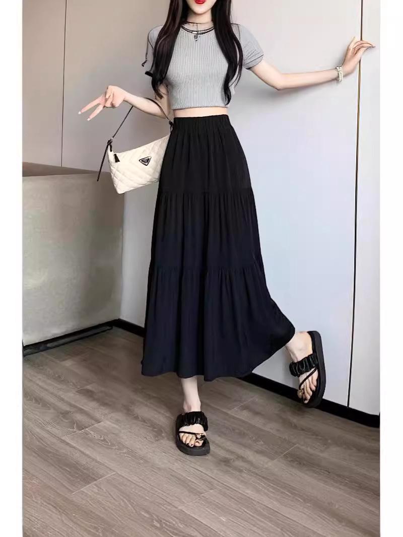 

High-Waist Pleated A-Line Skirt – Women s Korean Style, Mid-Length, Fairy White, Hip-Covering. XL