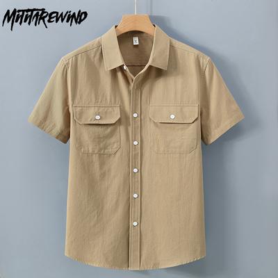 Camisa Americana de Manga Curta Masculina Camisa de Verão Algodão Puro Casual Tops Masculinos Juvenil Camisa de Bolso Duplo Nova Moda Roupas Masculinas