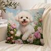 Cute White Poodle Pillow Cover Oil Painting Print Cushion Case Pet Lover Peony Flower Home Decor Gift