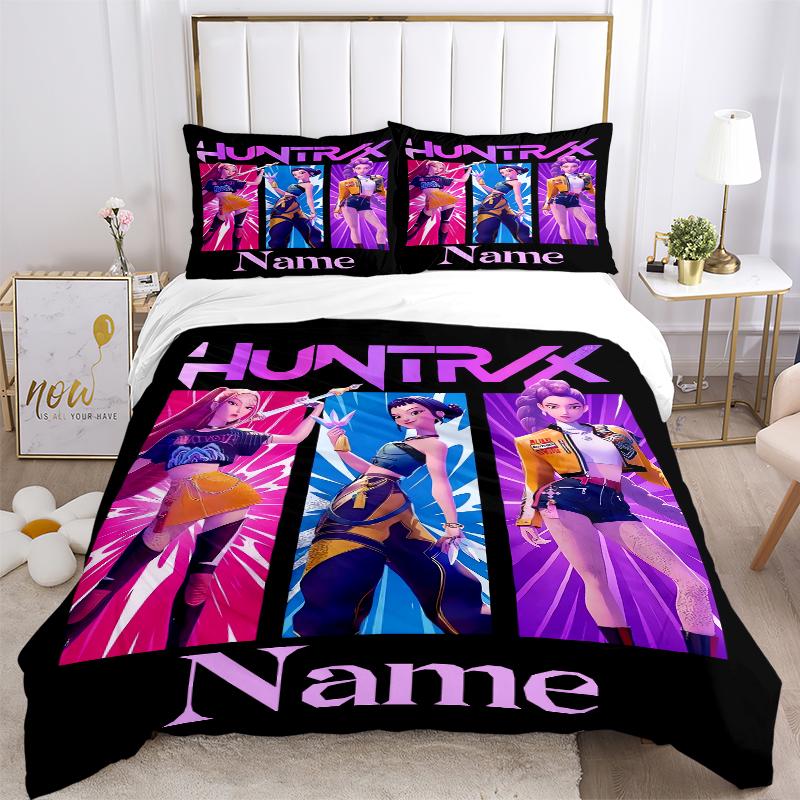 Custom Name Huntrix Name Bedding 3 Piece Set HD Print Duvet Cover Pillowcases for Teens Adult Bedroom Decoration