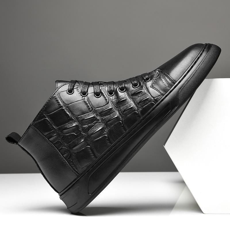 Vinter Herr Äkta Casual Läder Stilfulla Höga Brittisk Stil Chelsea Boots Män Eleganta Svarta Enfärgade Krokodilmönstrade Skor