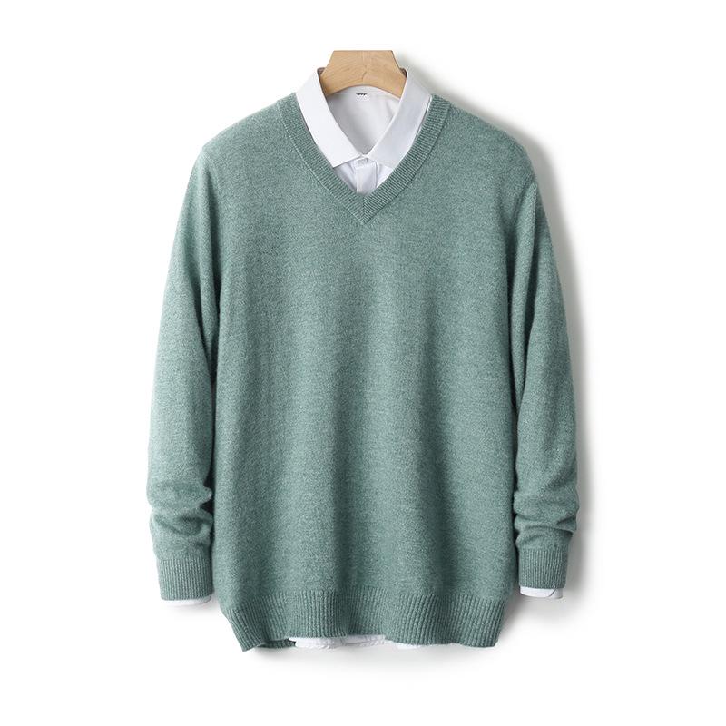 Men's V-Neck 100% Pure Wool Sweater - Solid Color, Short/Long Sleeve, Cashmere Knit Base Layer for Autumn/Winter