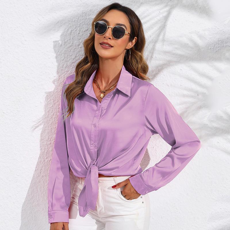 European & American Women's Long Sleeve Satin-Cotton Shirt - Solid Color, Spring & Autumn Bestseller