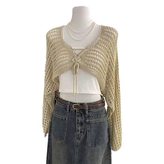 Women Tops Loose Fit Casual Knitted Blouse Solid Color Hollow Design Lace-up Summer Sun Protection Short Blouse