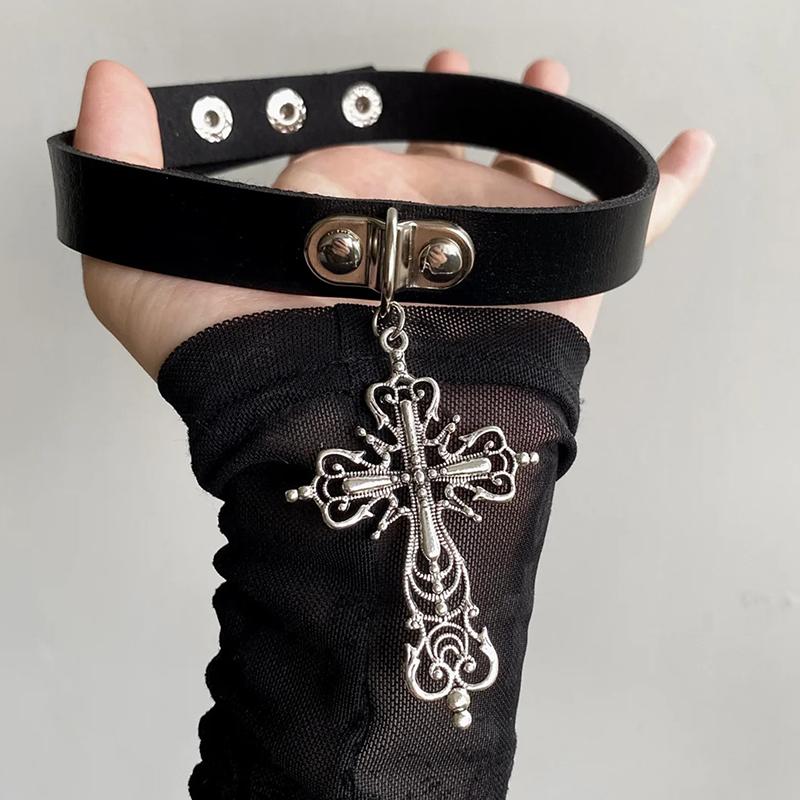 Mädchenstil Weinrot Leder Kreuz Choker Schlüsselbein Kette Aufhellendes Halskette