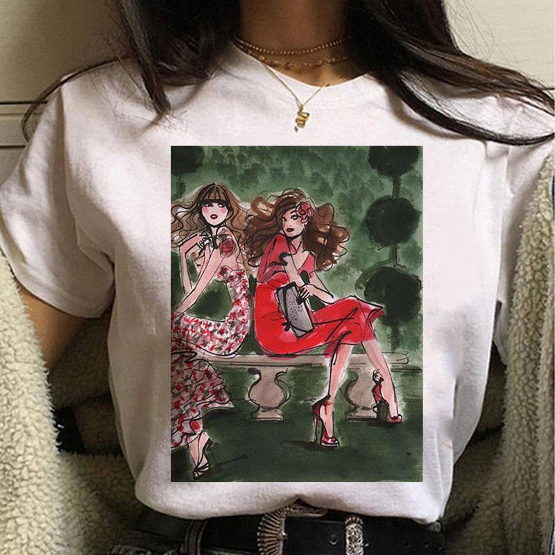 Summer Women T Shirt Casual Tops Tee White Short Sleeve T Shirt Woman Holiday Leisure Printed Printed Harajuku Lady T-Shirt Clo