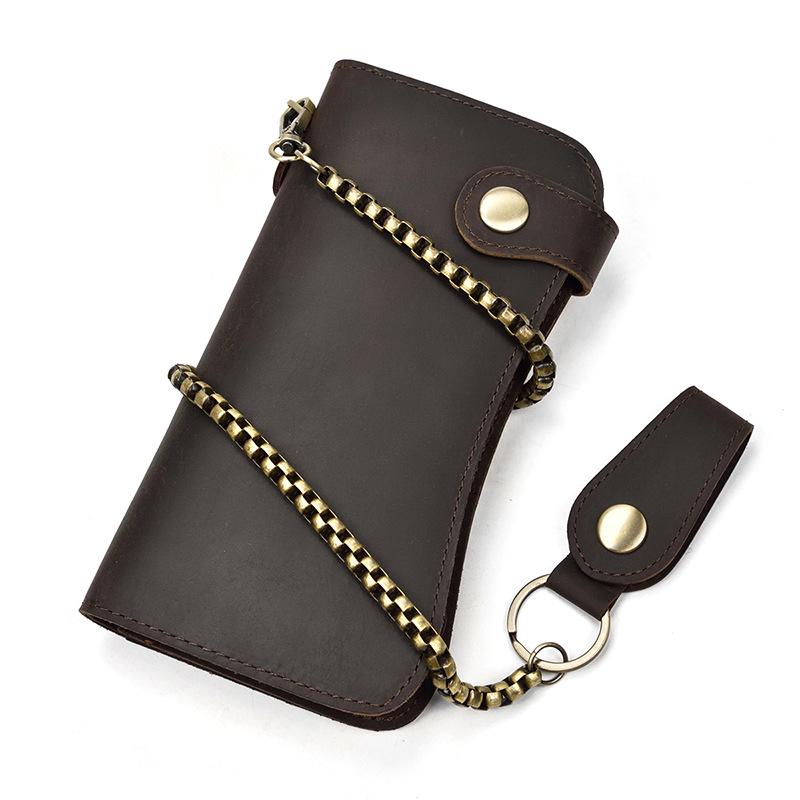 Men'S Leather Wallet Crazy Horse Leather Iron Chain Anti-Theft Long Wallet Multi-Card Wallet Mobile Phone Change Bag