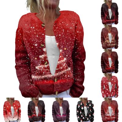 Women's Fashion Christmas Printed Long Sleeve Knitted Cardigan Button Down Jacket