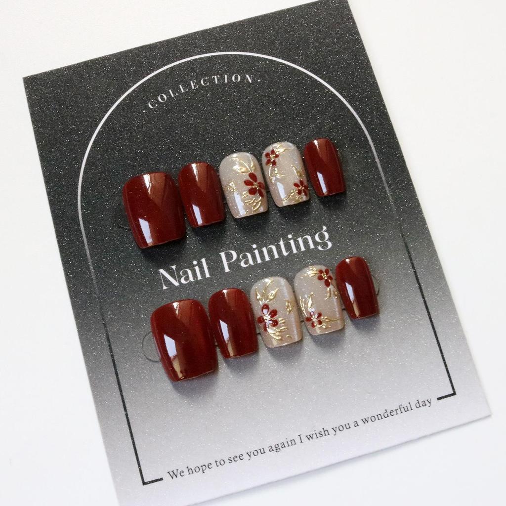 Retro Red Flower Gold Inlaid Wearable Nails - Cat Eye Design, High-Class Nail Art Tips