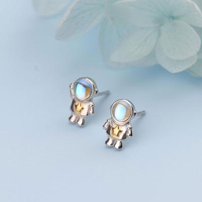 Boucles d'oreilles Astronaute de l'Espace Design Asymétrique Pierre de Lune Bleue Boucles d'oreilles Couple