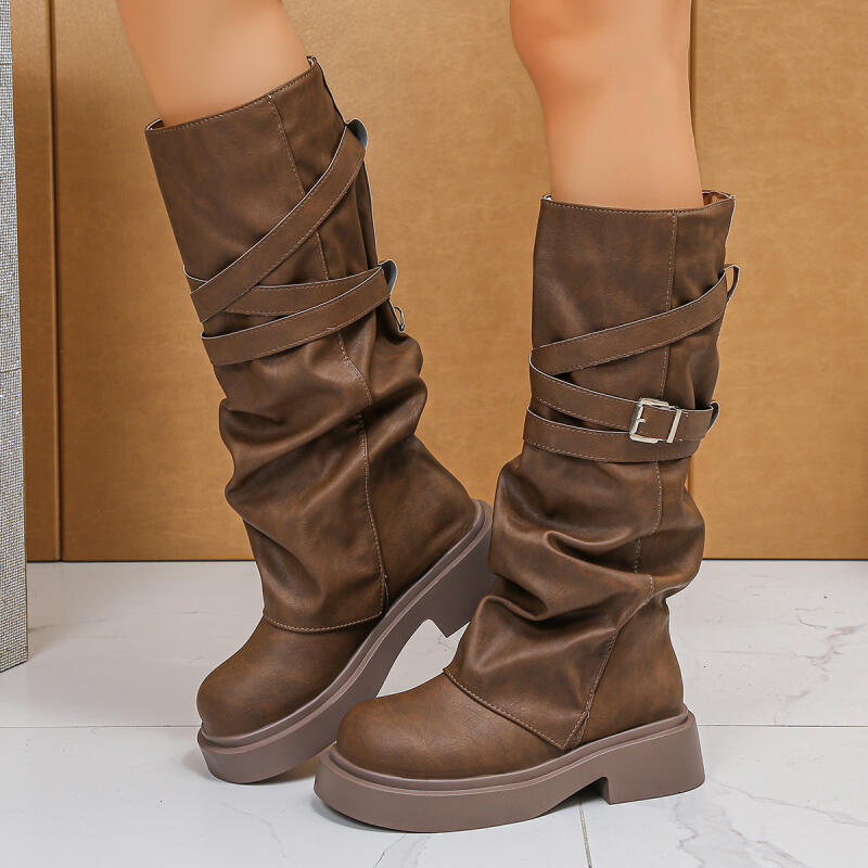 Fashion Thick Bottom Y2K Pu Motorcycle Boots Women 2025 Winter Chunky Platform High Heel Mid Calf Boots Metal Belt Buckle Designer Shoes