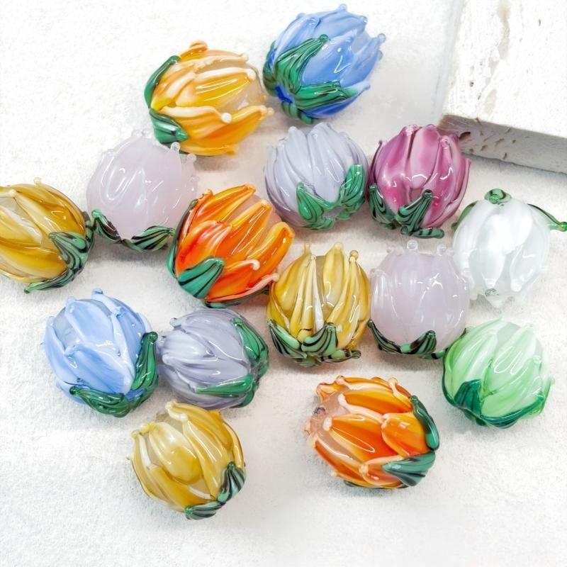 2Pcs Hand Painted Lampwork Glass Flower Bud Beads Vintage Tulip Loose Beads For Diy Bracelet Necklace Phone Chain Jewelry Making