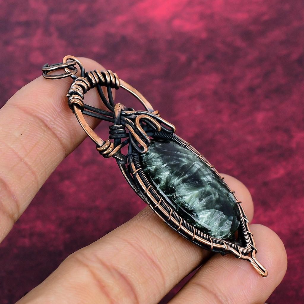 Seraphinite Pendant Handmade Copper Wire Wrapped Pendant Natural Gemstone Jewelry