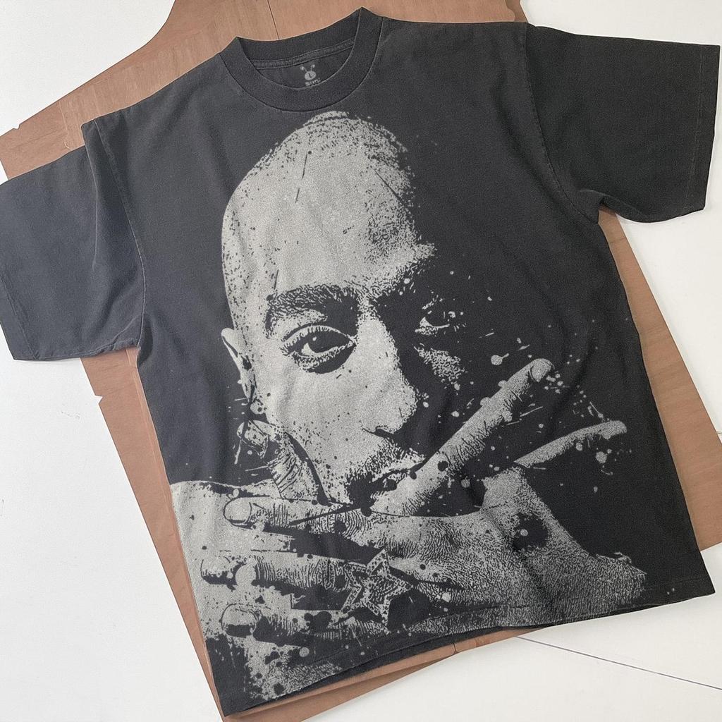 Tupac Bleached T-Shirt: Handmade Faded Black Cotton Unisex Tee