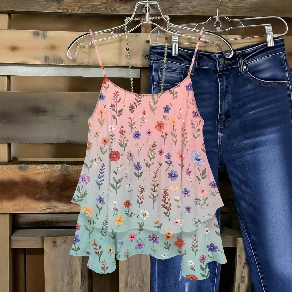 Women Sleeveless Floral Print Double Layer Camisole Top Lightweight Spaghetti Strap Summer Blouse Casual Loose Fit Shirt