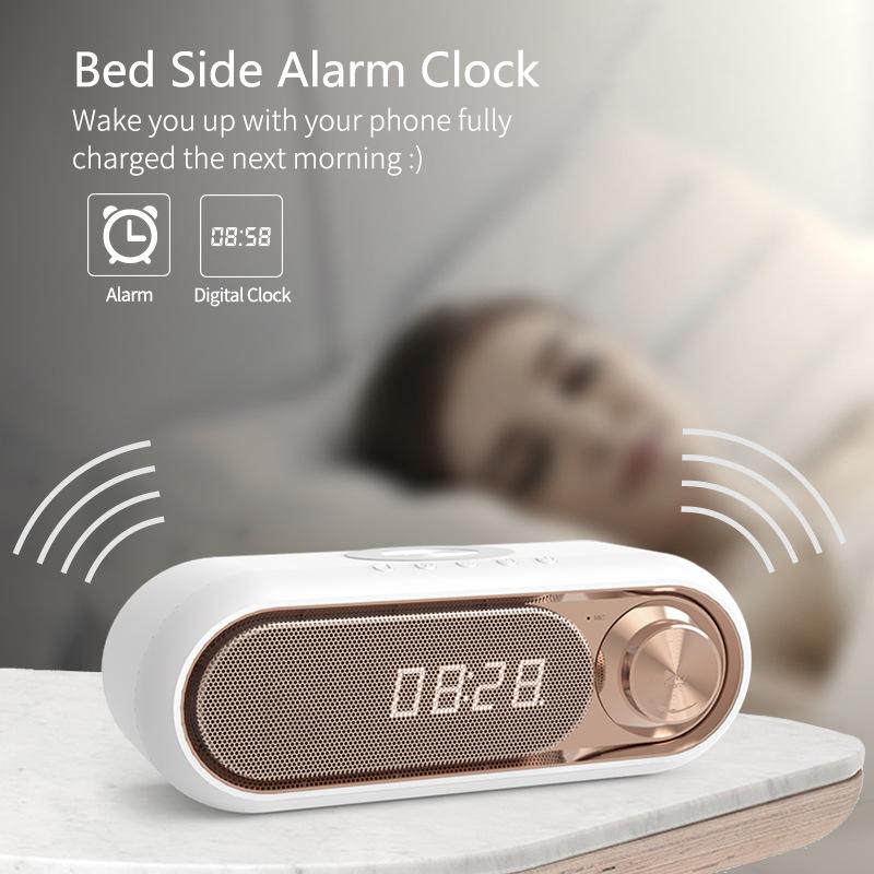 Bluetooth Speaker with Wireless Charger, LED Clock Alarm, Deep Bass, Portable – Multi-Functional Audio & Charging Station