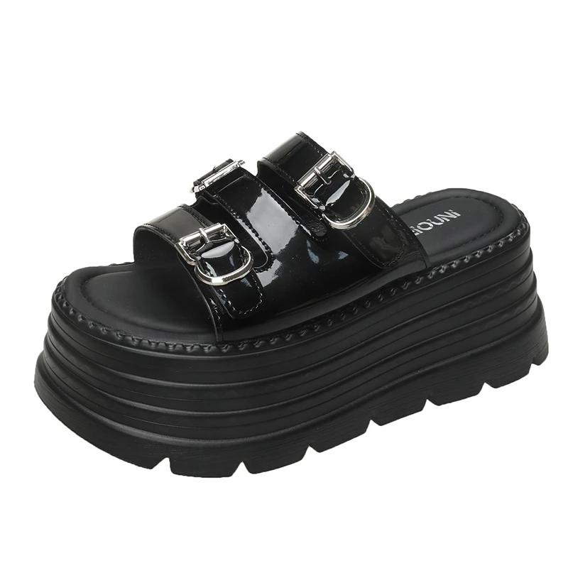 Fashion 8cm Microfiber Synthetic Leather Flats Summer Outside Peep Toe Women Sandal Slippers Woman Pumps High Platform Wedge Shoes