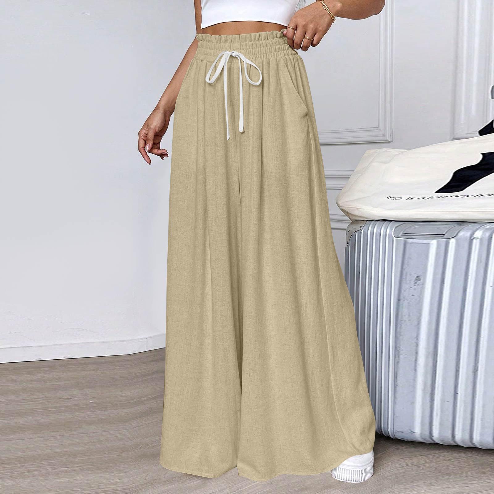 

Linen Pants For Women Casual Elastic Waist Wide Leg Pants With Pockets XXL хакі