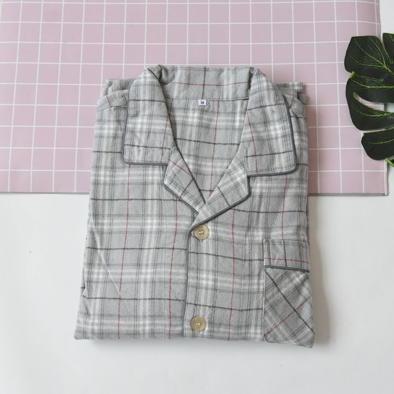 

Outer Single Men Woven Pure Cotton Gingham Long Sleeves Pants Pajamas Suit Spring and Autumn Casual and Comfortable Breathable Home Clothing Gray lattice M