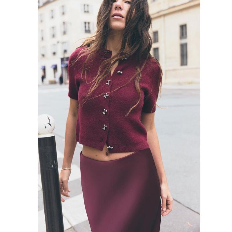 Fall and Winter New Women's Clothing Easiest for Match Bows Decorated Row Button round Neck T-shirt Shory Style Knitting Outwear 9598201